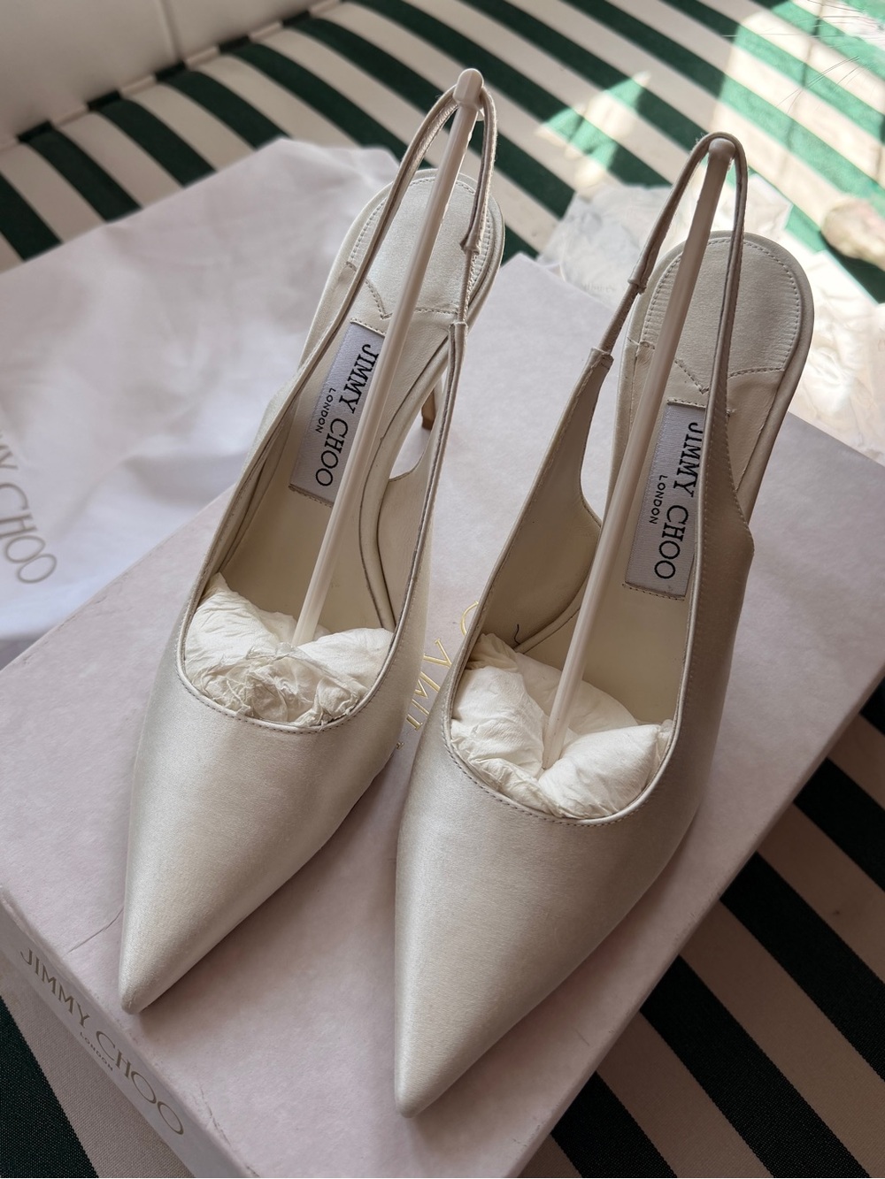 Jimmy Choo Cream Satin Pointed-Toe Slingback Pumps